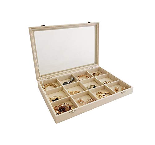 Premium Quality Large Beige Velvet Jewelry Display Box Tray with See Through Lid Multi Function Stackable Practical Storage