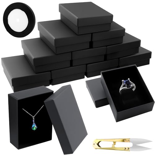 GZcaiyun 12 cajas de regalo para joyas, caja de cartón negro, joyero con tapa para collares, anillos, pendientes, 9 × 7 × 3 cm, con cinta, tijeras
