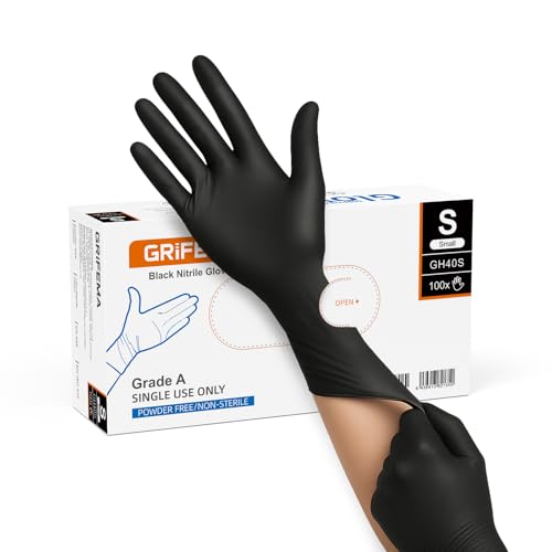 GRIFEMA Guantes Desechables de Nitrilo – Talla S, Protección Química, Resistentes y Sin Polvo (Caja de 100) – Certificados EN 455 para Uso Médico y EN 374 para Protección Química – Negro