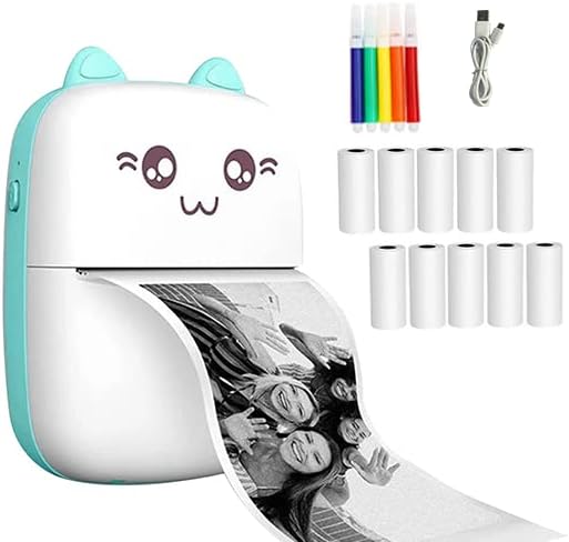 Mini Printer Portable,Wireless Bluetooth Thermal Printers,with 10 Rolls Printing Paper and 5 Colored pens for Inkless Printing Gift for Label Receipt Photo Notes Study Home Office, Blue