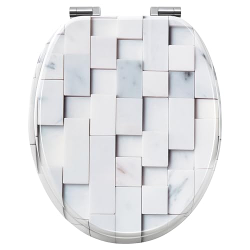 WOLTU Toilettendeckel mit Absenkautomatik, WC Sitz O Form, Klodeckel mit Mosaik-Motiv, Klobrille Toilettenbrille WC Deckel, einfache Montage von unten, bis 175 kg belastbar, aus MDF