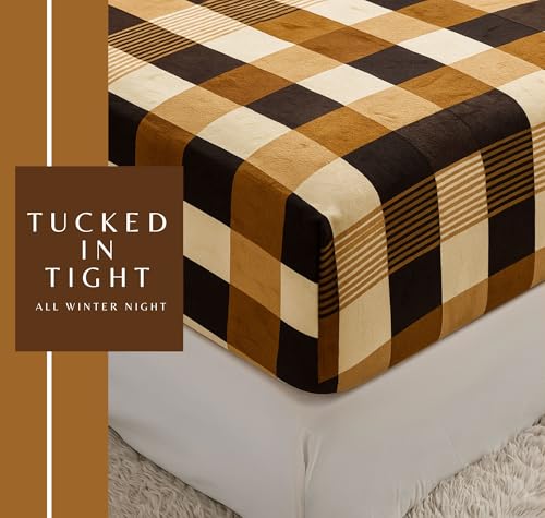 Image of VAS COLLECTIONS Luxury Warm Winter Elastic Fitted Bedsheet with 2 Pillow Covers - Ultra Soft Flannel Velvet Touch, Cozy & Wrinklefree lintfree Size - 78x72+10 Inches (Brown & Beige)