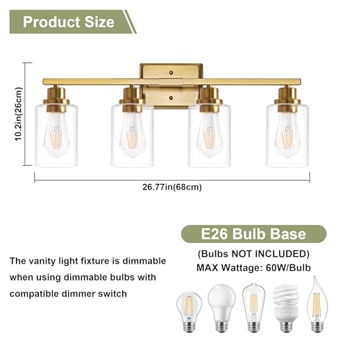 Image of Unicozin Modern Bathroom Light Fixtures, 4 Light Vanity Lights Over Mirror, Gold Wall Lamp with Clear Glass for Living Room Cabinet Bedroom Porch Powder Room