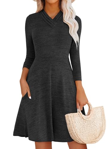 ANRABESS Women's 3/4 Long Sleeve V Neck Fall Short Dress 2025 A Line Flowy Casual Trendy Knee Length Dresses with Pockets