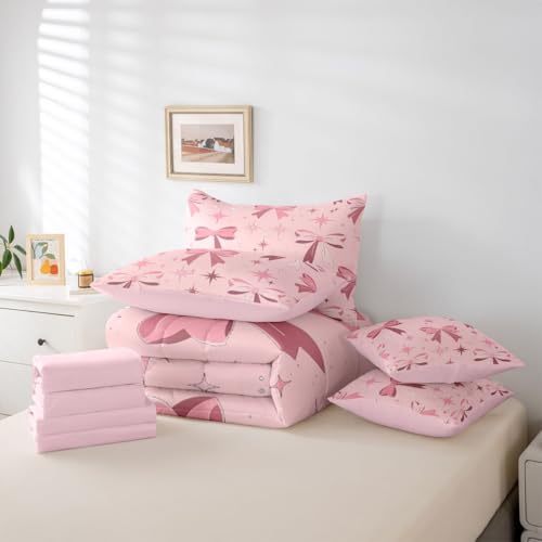 Image of Cute Bow Bed in a Bag King Size Comforter Set 7-Piece | Princess Bow Bedding Sets Dreamy Ribbon Bowknot Comforter and Sheet Set, Stars Watercolor Room Decor,Pink Bow Decor