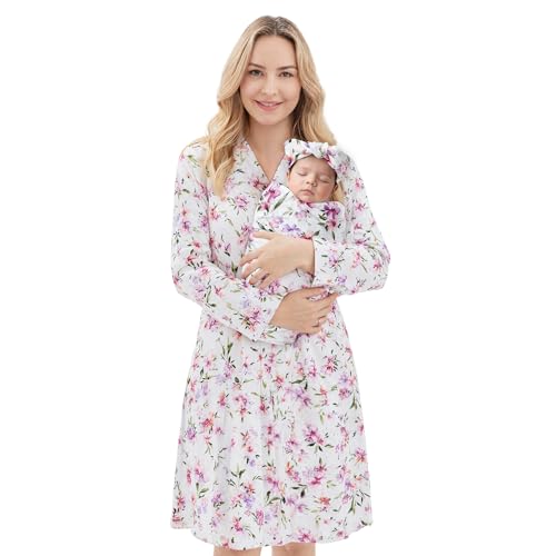 V.&GRIN Mommy and Me Robe and Swaddle Set Maternity Robe and Matching Baby Blanket | Hospital Outfits Labor Delivery(White FlowerS/M)