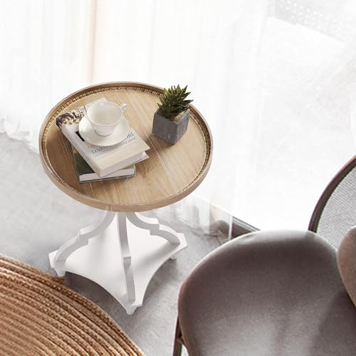 Wnutrees FZTB107WT Farmhouse Round Accent End Table, Rustic Side Table Nightstands For Living Room Bedroom, Wood Tray Top, Handcrafted Finish, Set Of 2 thumb #5