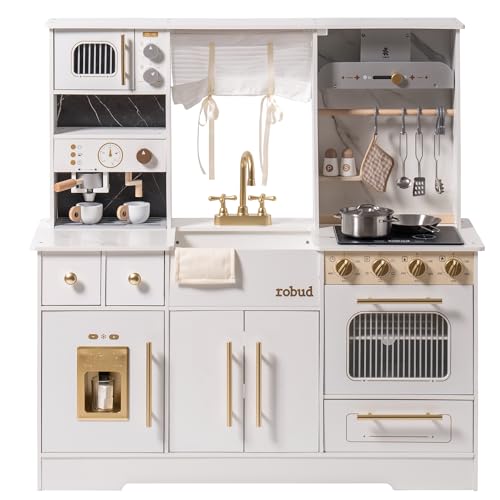 Image of ROBUD Play Kitchen for Kids, Wooden Play Kitchen Set with Plenty of Realistic Play Features, Toy Kitchen with Ice Maker, Coffee Machine, Oven, Cabinet, Microwave, Utensils, Gift for Ages 3+, White