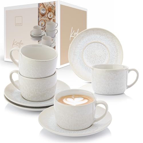 Sänger | Kaffeetassen Set mit Untertasse Korfu 8 tlg, Kaffeetassen und Untertassen 4 Personen, Steingut Kaffeeservice, Tassen Creme Farben & Sandiger Maserung im Inneren 160ml | PREMIUM COLLECTION
