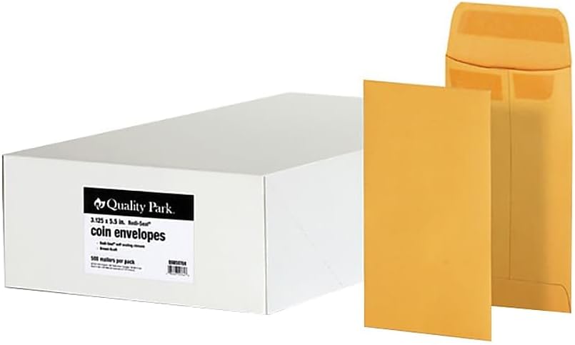 Quality Park 3-1/8 x 5-1/4 Coin Envelopes, #5 Coin Envelopes, 500 Pack, with Gummed Flap, 28 lb Brown Kraft Paper for Small Parts and Cash, Ideal for Home and Office Organization