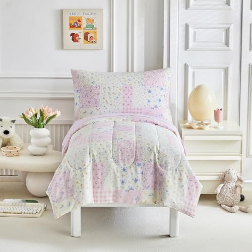 Image of Joyreap 4 Piece Cotton Toddler Bedding Set- Purplish Pink Floral Patchwork Design, Toddler Comforter Set for Girls, Includes Quilted Comforter, Fitted Sheet, Top Sheet, and Pillow Case