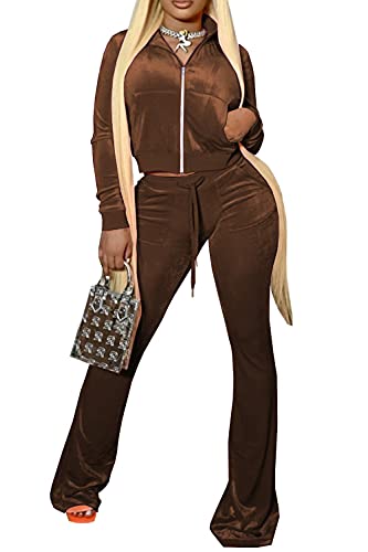 Natsuki Womens 2 Piece Tracksuit Outfits Long Sleeve Crop Tops Jackets and Flared Long Pant Sets Brown M