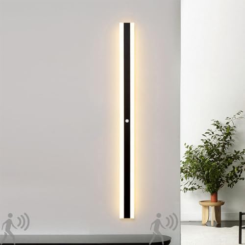 Modern Black Outdoor Wall Light with Motion Sensor IP67 impermeable LED Long Wall Sconce for Interior and Outdoor Use Metal Exterior Wall Lights for Porch Patio Living Room and Garage Warm Ligh