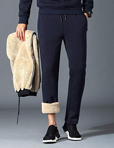 Yeokou Mens Winter Warm Sherpa Lined Active Thermal Jogger Fleece Sweatpants Pant (Large, Style12Black-Straight Leg) #TOP3
