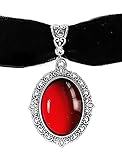 Gothic Choker Pirate Necklace for Women. Blood Red Stone for Grunge Style with Silver/Pewter Finish. Pendant Witch Necklace for Woman Halloween Costume Jewelry Vampire Accessories, Evil Eye, Female Devil, Antique Amulet