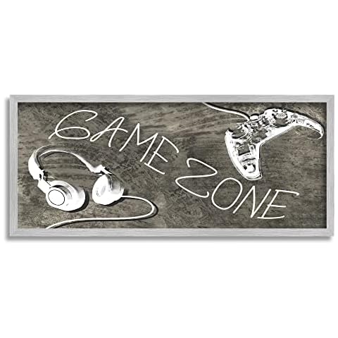 Stupell Industries Zone Phrase Music Headset Video Game Controller, Designed by Daphne Polselli Gray Framed Wall Art, 24 x 10, White Cover