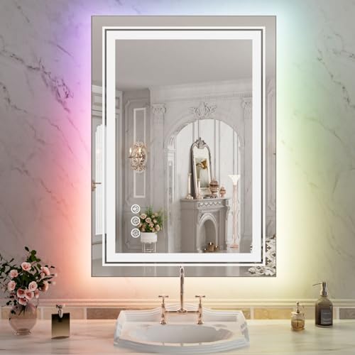 Image of WTTY LED Bathroom Mirror 20 inchx28 inch with RGB Backlit and 3 Front Light,Stepless Dimmable LED Mirror for Bathroom,Lighted Bathroom Vanity Mirror for Wall,Anti-Fog,Memory Function,Shatter-Proof
