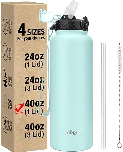 GOPPUS 1.2L/40oz Stainless Water Bottle with Straw 1.2 Litre Hot Thermal Water Flask Double Wall Steel Water Bottles Insulated Water Bottles Leakproof Cold Water Bottle Adult Flip Top Drinking Bottle