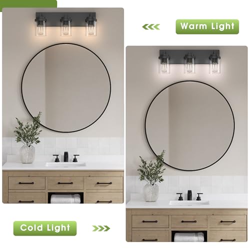 Image of Bathroom Vanity Light, 3 Light Matte Black Vanity Lights with Clear Glass Shade, 22in Modern Wall Sconces, Bathroom Lighting Fixtures Over Mirror for Living Room