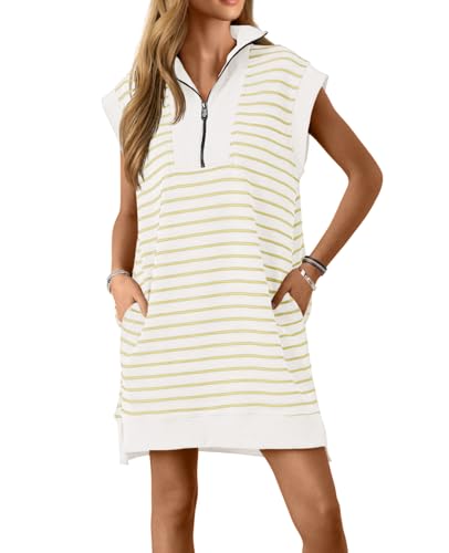 Image of Wenrine Womens Striped Mini Dress Casual Zipper Cap Sleeve Collared V Neck Loose Knit Summer Dresses