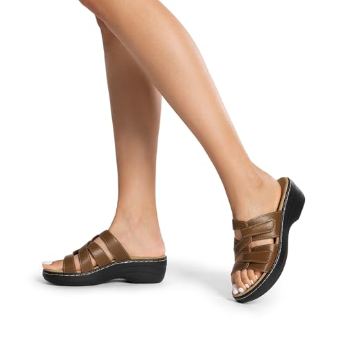 Image of DREAM PAIRS Women Arch Support Slide Sandals Adjustable Straps Slip On Wedge Sandals Casual Comfort Lightweight Flat Slides
