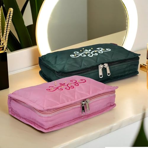 Image of Kuber Industries Embroidery Design Satin Jewellery Pouch Cum Makeup Box, Pack of 2 (Green & Pink)