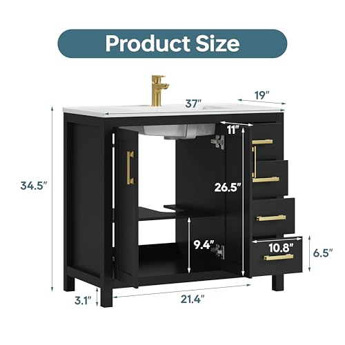 DELUXE LIVING 36 Inch Bathroom Vanity with Sink, Black Single Sink Bathroom Vanity with Integral Top, Modern Bathroom Sink Cabinet with Soft-Closing Doors & Drawers, Adjustable Feet - Thumbnail 2
