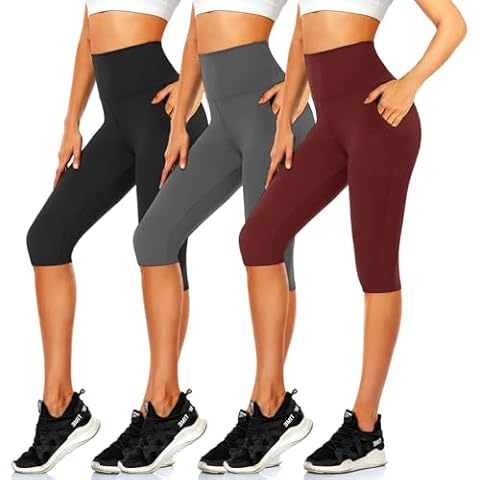 Women's Knee Length Leggings with Pockets-High Waisted Capri Pants Biker Shorts for Women Yoga Workout Exercise Short Casual Summer Cover