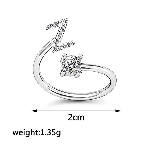 Image of HUJUON Silver Initial Letter Ring for Women. Adjustable Crystal Alphabet Ring,Name Initials Stackable Knuckle Rings A-Z CZ Open Ring