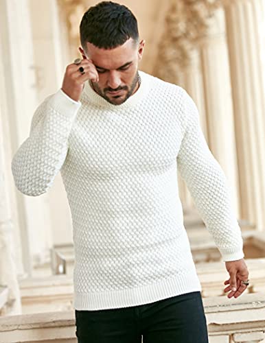 Coofandy Men's White Sweater Cable Knitted Sweater Muscle Fitted Sweaters Crew Neck Pullover Knitwear White Xxl #TOP1