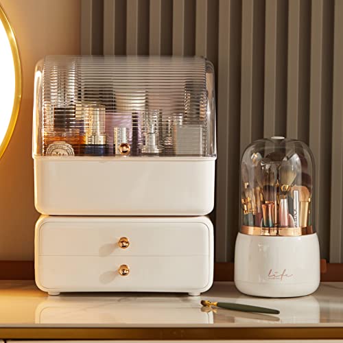 LtyTz Large Makeup Organizer with Brush Holder, Makeup and Skincare Organizer for Vanity, Cosmetics Skincare Organizers with Lid and Drawers for Countertop, Bathroom, Dresser, Ideal Gifts for Women