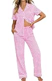 SWOMOG 100% Cotton Pyjamas for Women Set 2PCS Button-Down Lounge Pjs Short Sleeve Tops and Long-Pants with Pocket