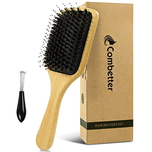 Combetter Boar Bristle Hair Brush, Natural Bamboo Wooden Paddle Square Hairbrush Detangler Shine Smoothing Hair, For Women Men Kids Curly Thick Long Fine Dry Wet Hair, With Gift Box #TOP22