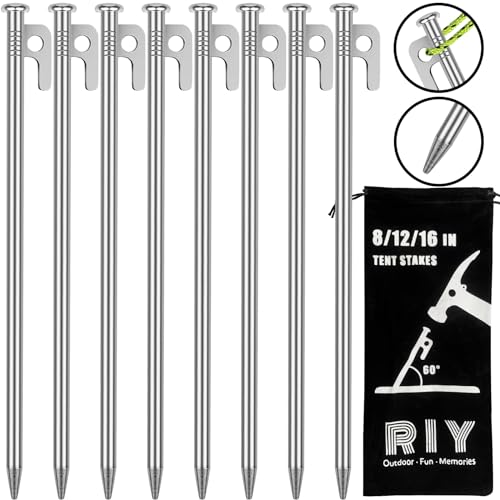 Image of 8 Pack Tent Stakes Heavy Duty 12 inch Steel Tent Pegs for Camping Unbreakable and Inflexible-Silver