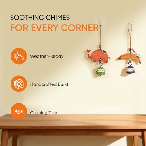 Image of Aakriti Art Creations Elephant & Toucan Harmony Wind Chime Set | Handmade Modern Art Wooden & Metal Wind Chimes | Decorative Indoor & Outdoor Hanging for Balcony, Garden, Living Room & Gifting