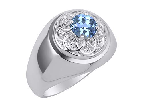 Image of Rylos Men's Designer Gypsy Ring with 7MM Round Gemstone & Diamond - Birthstone Rings in Sizes 8-13 in Sterling Silver
