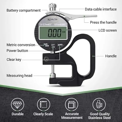 Digital Thickness Gauge with 0.5 Inch/12.7mm Measuring Range, High-Precision Electronic Micrometer, 0.0005/0.01mm Resolution, Compact Design, and Clear LCD Display for Accurate Measurements