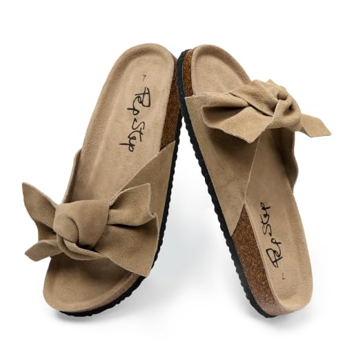 Image of PepStep Slide Sandals for Women or Ladies Dressy Summer Casual, Cute Bow Tie Knot On Top Strap, Comfy Slip On Cork Foot Bed