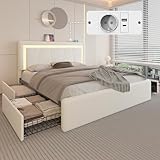 E-Motie Polsterbett 160 x 200 cm mit 4 Schubladen, LED-Beleuchtung, Bettgestell 160x200 mit Verstellbarem Kopfteil, Ladestation, Metalllattenrost, Einfache Montage, Weiß