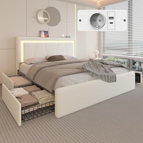 E-Motie Cadre de Lit 140 x 190 avec 4 Tiroirs, Éclairage LED, Cadre de Lit 140x190 avec Tête de...