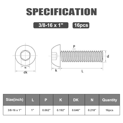 Image of VGBUY 16Pcs 3 /8-16 x 1 Button Head Socket Cap Bolts Screws, 304 Stainless Steel 18-8, Black Zinc Plated, Fully Threaded, with Spanner Allen Hex Drive