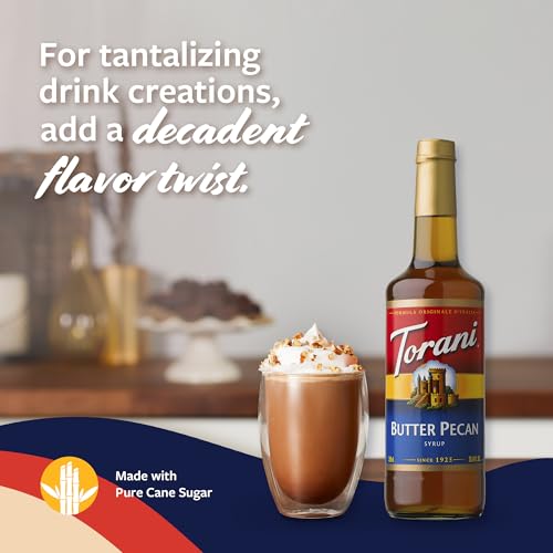 Torani Coffee Syrup, Butter Pecan Flavoring for Drinks, Glass Bottle with Pump Included, 25.4 Fl Oz