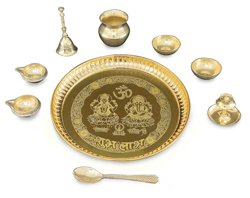BENGALEN Pooja Thali Set Brass Puja Thali Pital 8 Inch With Accessories Kuber Diya Ghanti Kalash Spoon Bowl Agarbatti Stand For Diwali Gifts Home Office Wedding Gift Items, 500 ml