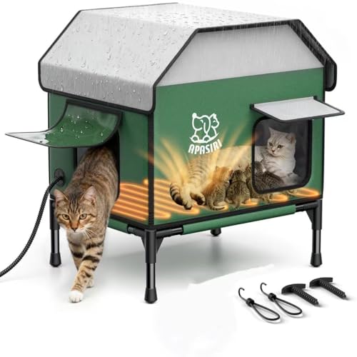 Apasiri Heated Outdoor Cat House for Winter: Insulated with Heating Pad, Indestructible Weatherproof Winter Shelter, Elevated Support to Keep Interior Dry for Stray Cats, Large