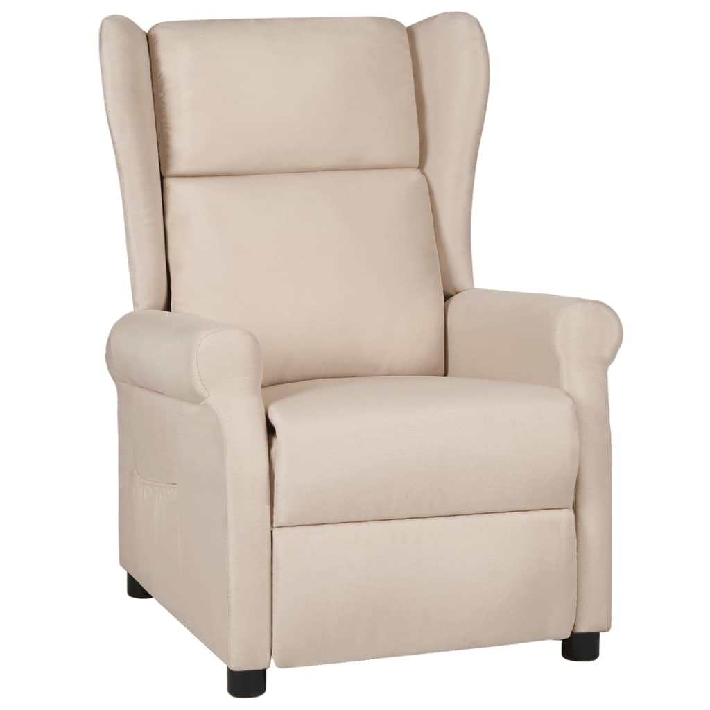 Fotel relaksacyjny w kolorze kremowym, z ręczną funkcją leżenia, regulowane oparcie i podnóżek, ergonomiczny fotel tapicerowany z drewnianą metalową ramą, do salonu, kącika do czytania, biura
