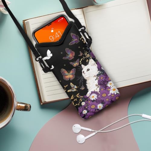 Image of Mini Cell Phone Crossbody Bag Neoprene Smartphone Wallet Bag Shockproof and Waterproof Compatible with Most Smartphones for Traveling, Beach, Cute Cat Butterfly Violet Daisy Black