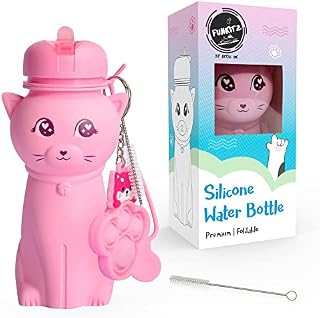 FunKitZ by AToZ UK Kids Water Bottle for Girls - BPA FREE, Roll-up, Soft Silicone, Drop Resistant - Pink Cat Shaped Water Bottle - Back to School Gifts for Girls - 500ml