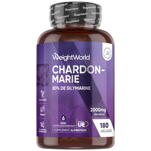 Chardon Marie 2000mg, 80% Silymarine, 180 Gélules Vegan pour 6 Mois, Extrait 40:1 de Milk Thistle (Chardon Marie Silymarine), Milk Thistle sans OGM, sans Stéarate de Magnésium
