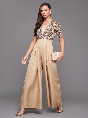 Image of Miss Chase Women's Square Neck Half Sleeve Geometric Pleated Silk Jumpsuit with Pockets