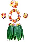 El paquete incluye: 1 falda de hula + 4 juegos de leis hawaianos (1 diadema, 1 collar y 2 pulseras).